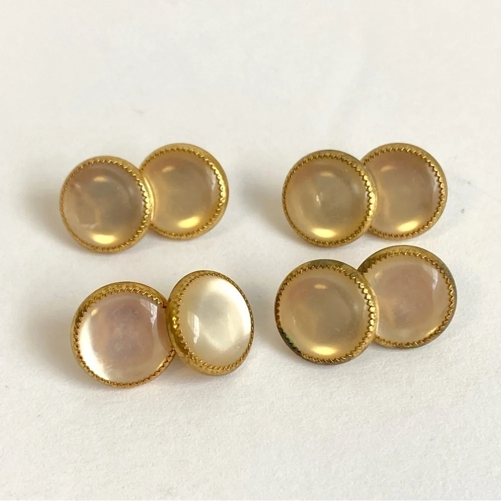 Vintage French Cufflinks Mother Of Pearl 10K Gold Moon Glow MOP 2 Pairs‎ Set